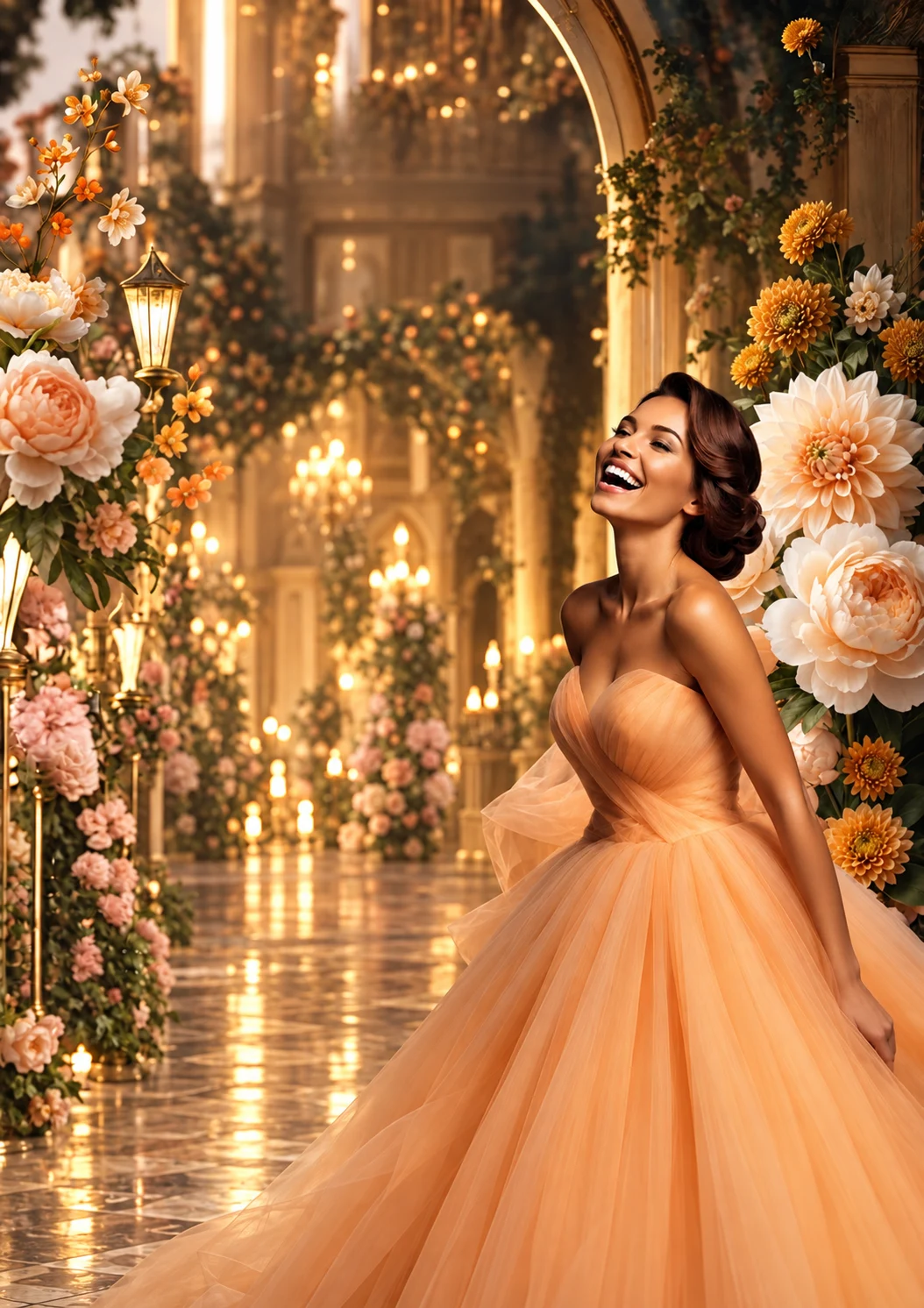 Festliches Ballmotiv mit einer Frau im champagnerfarbenen Abendkleid, Blumen und warmem Kerzenlicht
